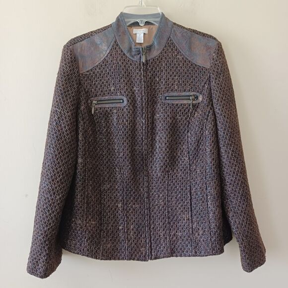Chicos Jacket Sz 2 /‎ L Brown Tweed Metallic Moto FullZip Office Academia Career - Picture 1 of 6